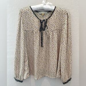 DOWNEAST | Cream Floral Peasant Blouse Long Sleeve Boho Peasant Top | Medium